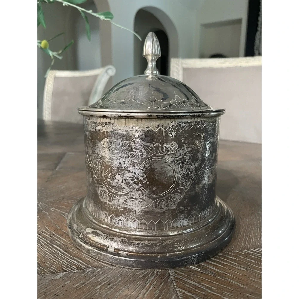 Vtg Silverplated Floral Etched Engraved Covered Biscuit Barrel Box Tea Caddy